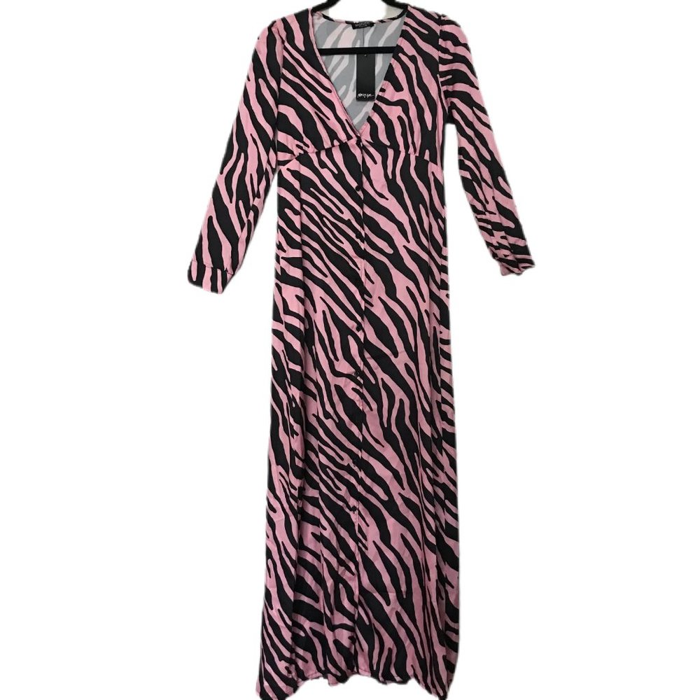 Nasty Gal Women's Pink/Black Zebra Print Button Down Maxi Dress Italy Sz 8 New
